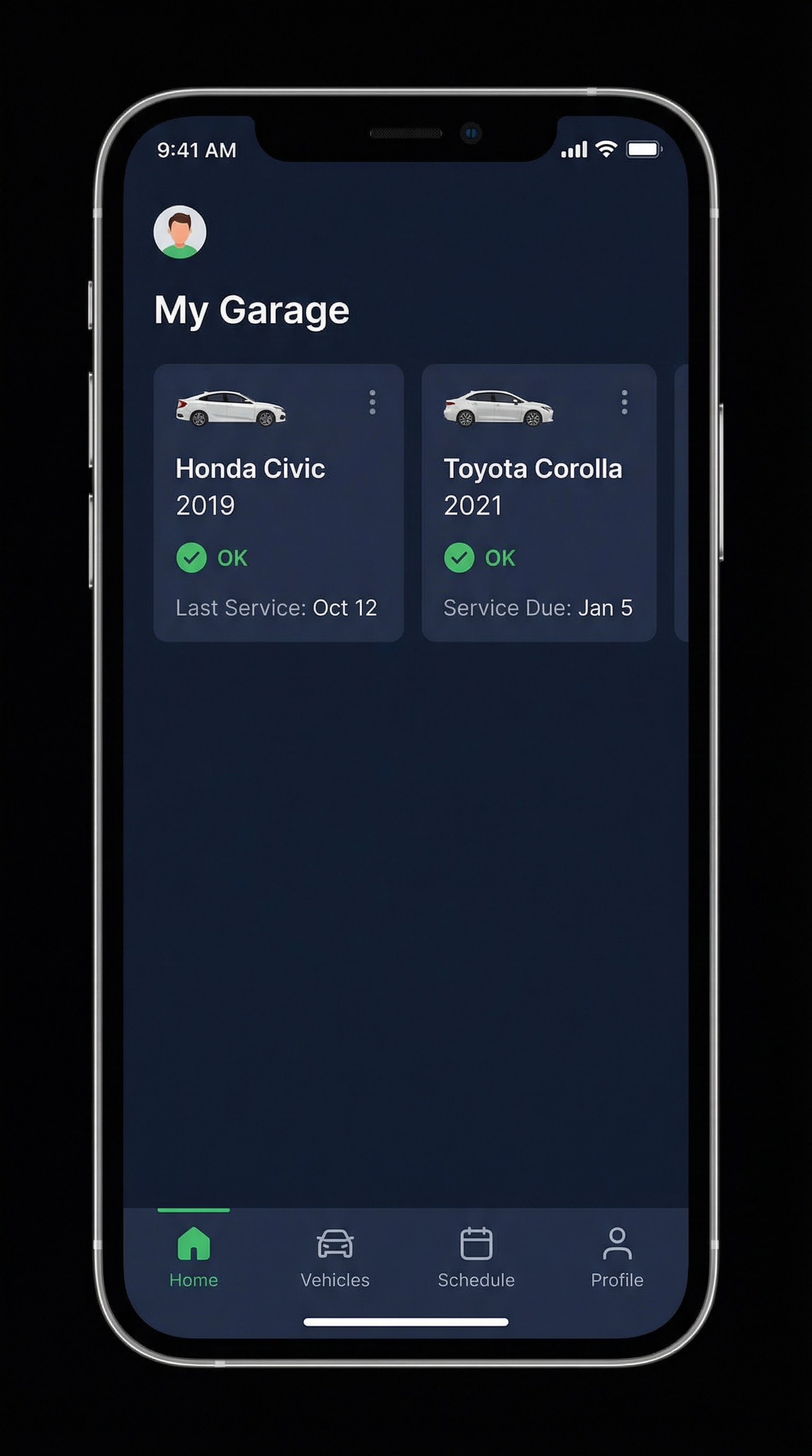 ServiceSage Auto vehicle dashboard showing service status for multiple vehicles