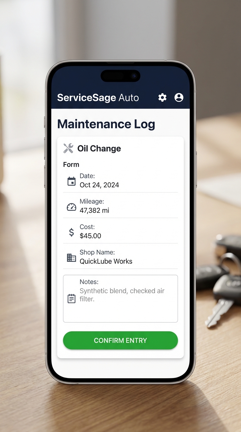 ServiceSage Auto log entry screen showing oil change with date, mileage, cost, and shop fields