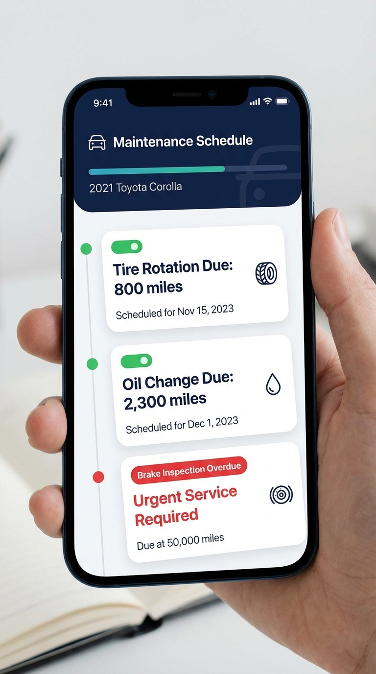 ServiceSage Auto maintenance schedule showing upcoming and overdue services color-coded by urgency